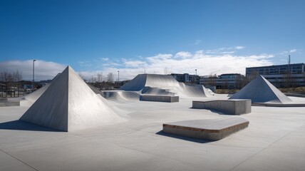 Skate park under clear blue sky. AI image
