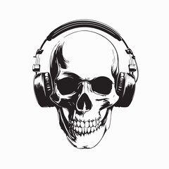 Skull with Headphones Silhouette Illustration on white background