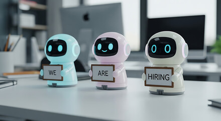 Robots Hiring Concept – Futuristic Recruitment Copy Space Poster, robot hiring, futuristic recruitment, AI hiring, recruitment poster, hiring concept, copy space design, robot workforce, digital hire
