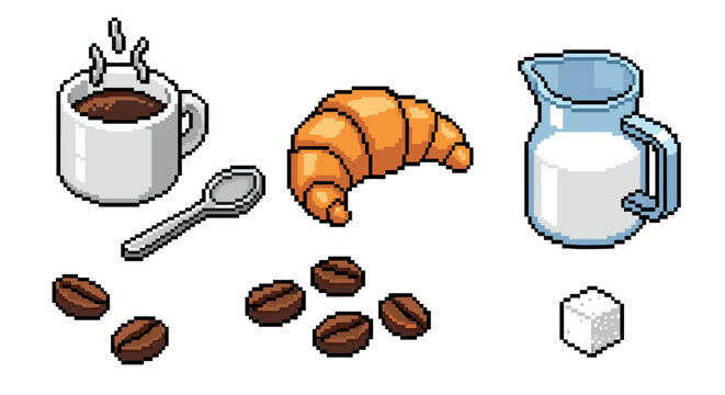 Isometric pixel art collection for a classic breakfast with hot coffee, a fresh croissant, a pitcher of milk, a sugar cube, and roasted coffee beans on a clean white backdrop