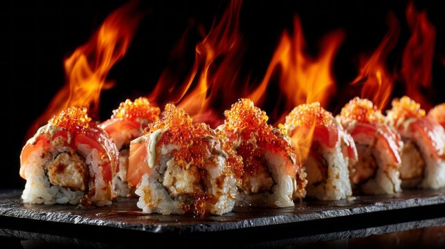 Flaming sushi rolls on dark plate with fresh ingredients, spicy sashimi, and vibrant garnishes, capturing japanese cuisine artistry and gourmet presentation for culinary and food photography