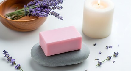 Pink bar of soap on a stone with lavender and a candle for spa relaxation