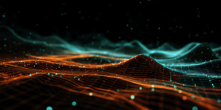 Glowing red and cyan data corridor with light streams in futuristic digital tunnel