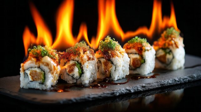 Flaming sushi rolls on dark plate with fresh ingredients, spicy sashimi, and vibrant garnishes, capturing japanese cuisine artistry and gourmet presentation for culinary and food photography