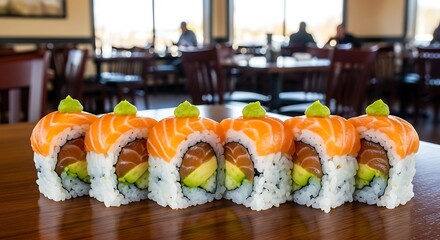 Fresh salmon sushi roll with avocado and green topping on a wooden table