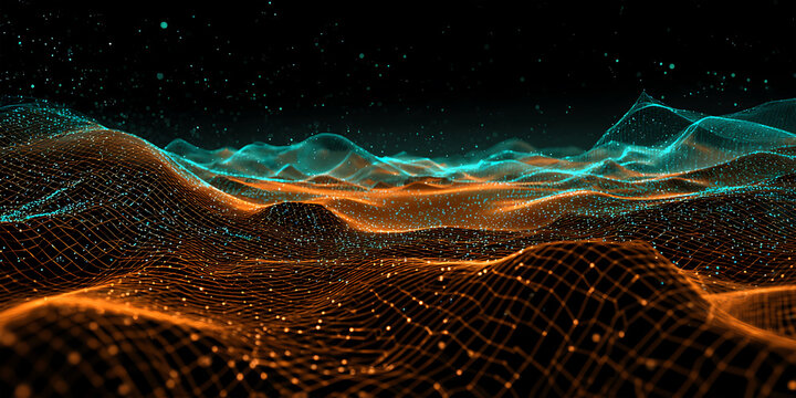 Orange wireframe data hills and teal particle waves creating dynamic futuristic landscape