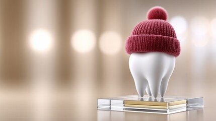 Cute tooth wearing a knit hat placed on a clear pedestal in a bright room