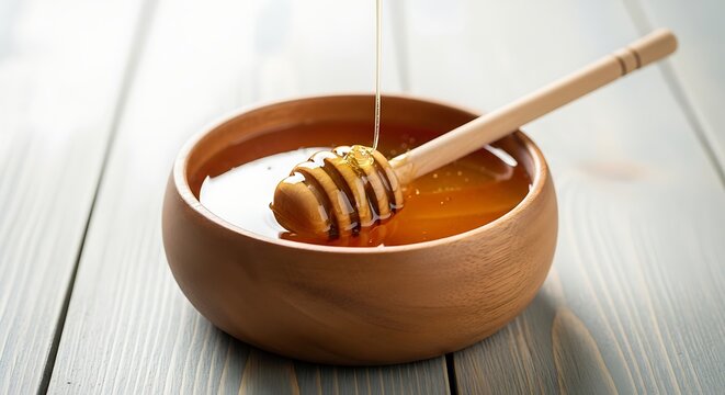 Golden honey dripping from a wooden dipper into a wooden bowl - Powered by Adobe