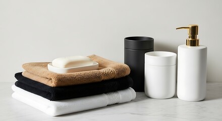 Clean white and black towels with soap dispenser and toothbrush holder
