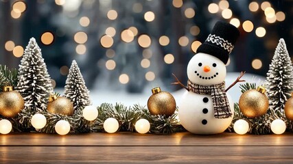 A cheerful snowman enjoys the holiday atmosphere surrounded by sparkling lights and festive decorations in a winter setting - Powered by Adobe