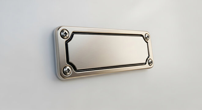 Metal Nameplate Mockup with Screws for Branding and Identification on Plain White Surface