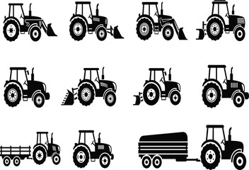 Tractor icon set. Vector collection of black farm vehicle silhouettes. Includes loaders, diggers, and trailers. Agricultural equipment graphics.