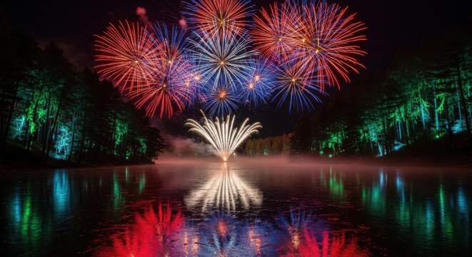 Spectacular Fireworks Display Over Calm Lake at Night