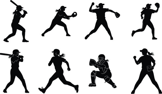Softball player silhouette set. Vector graphics of female players in action poses like batting, pitching, and catching.
