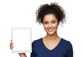 Smiling young woman with curly dark hair holding a blank white rectangular object isolated on transparent background