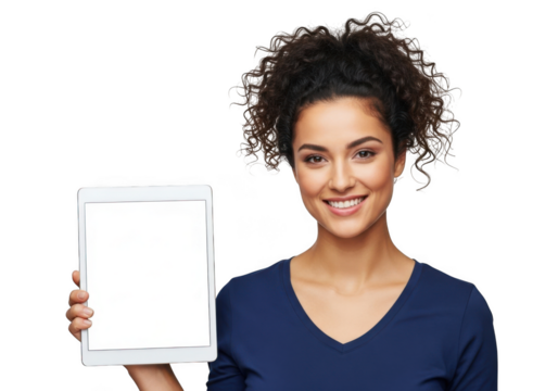 Smiling young woman with curly dark hair holding a blank white rectangular object isolated on transparent background