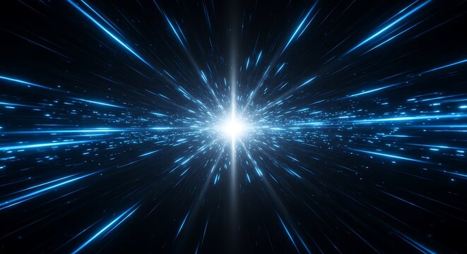 Abstract blue light streaks exploding from a bright central star in deep space, representing speed and hyperspace travel