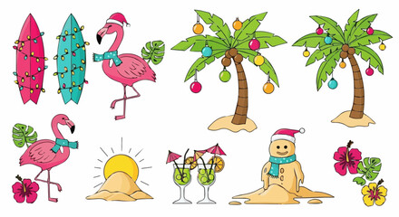 Tropical Christmas summer vector elements featuring surfing santa and palm trees
