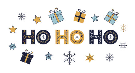 Spread holiday cheer with this whimsically festive 'Ho Ho Ho' design, featuring charming snowflakes, stars, and gifts for a joyful seasonal touch