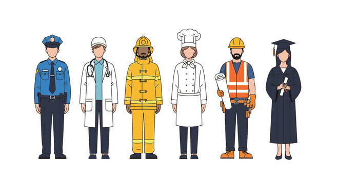 Diverse professions stand together offering safety, healthcare, culinary arts, construction and education creating a strong community bond, originally vector