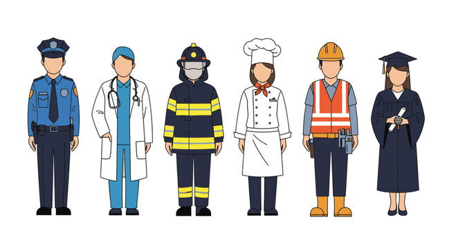 Diverse group showcasing essential professions, from courageous firefighter to dedicated doctor, honoring our community heroes and future graduates