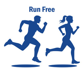 Obraz premium Dynamic running silhouette duo in motion on clean white background, bold athletic jogger icons designed for fitness, marathon training, sports activity visuals and high-impact modern vector style