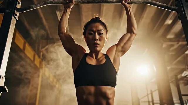 Female Athlete Doing Pull-Ups in Industrial Gym