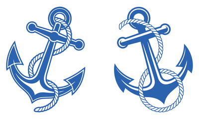 Blue nautical anchor icons with rope details, perfect for marine themes, sailing elements, ocean navigation graphics, boating decorations and clean maritime vector design sets for creative projects