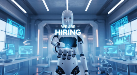Robots Hiring Concept – Futuristic Recruitment Copy Space Poster, robot hiring, futuristic recruitment, AI hiring, recruitment poster, hiring concept, copy space design, robot workforce, digital hire
