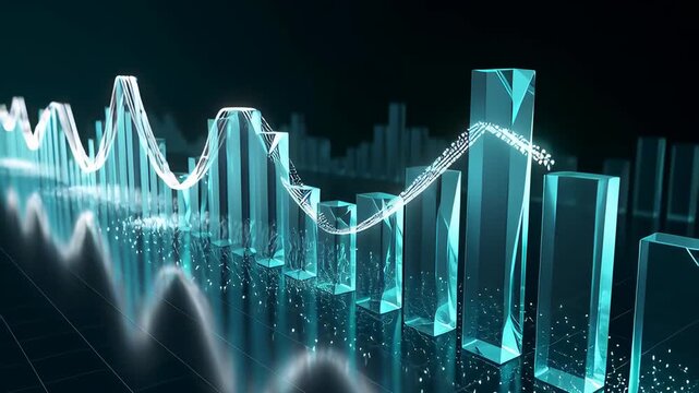 Animated Growth Graph: Futuristic 3D Visualization of Financial Business Data, Market Analysis, and Economic Trends.
