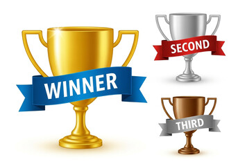Golden winner trophy with blue ribbon, alongside silver second and bronze third place trophies, isolated on white background
