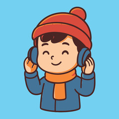 Cheerful Child Wearing Winter Hat Headphones and Smiling with Joyful Expression.