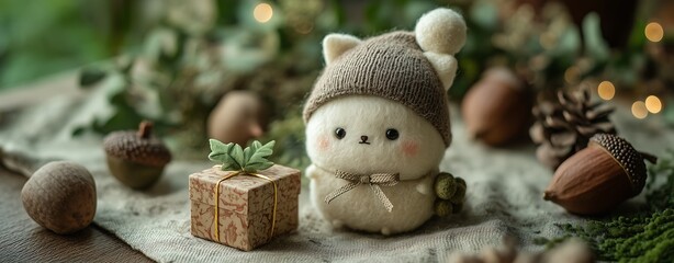 A soft brown cat doll surrounded by gift boxes and acorns in a Christmas and happy new year theme.