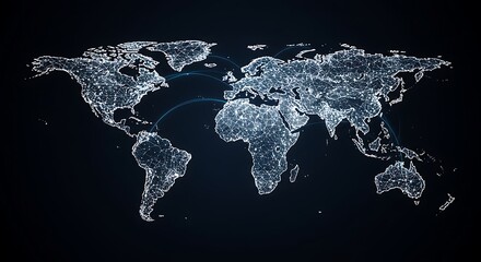 A glowing world map at night, with illuminated cities and connecting lines representing global networks, data flow, and international communication, symbolizing interconnectedness