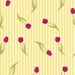 Obraz premium Seamless purple tulip flower pattern with pastel yellow stripes in flat vector style