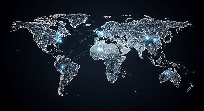 Digital world map with glowing lights representing cities and connections, illustrating global network and communication on a dark background