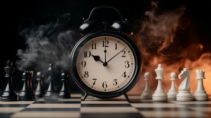 Chess game with a clock in a dramatic setting at evening time