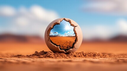 Unique cracked egg shell reveals a bright desert landscape under the sky