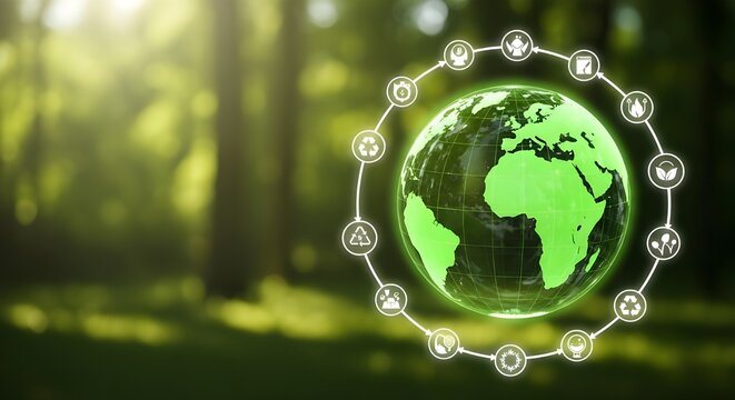 Digital earth globe surrounded by social media icons in a lush green forest