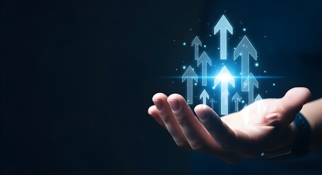 Hand holding glowing upward pointing arrows symbolizing growth and success in a dark background - Powered by Adobe