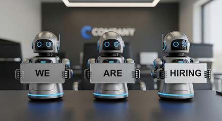 Robots Hiring Concept – Futuristic Recruitment Copy Space Poster, robot hiring, futuristic recruitment, AI hiring, recruitment poster, hiring concept, copy space design, robot workforce, digital hire
