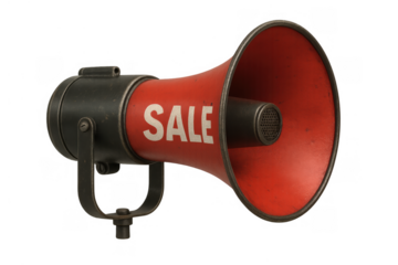 Red vintage megaphone broadcasting sale message, announcing discount promotion campaign, transparent background