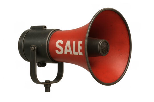 Red vintage megaphone broadcasting sale message, announcing discount promotion campaign, transparent background