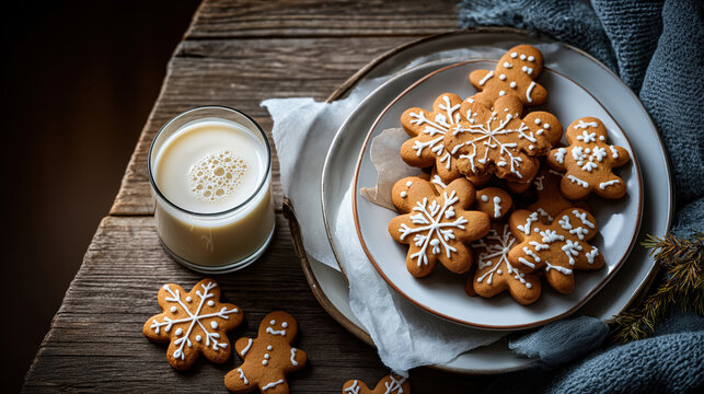 Christmas gingerbread cookies with icing and a glass of milk. Festive holiday dessert on a rustic wooden background
