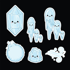 Cute cartoon ice and snow elements with smiling faces, including crystals, icicles, a snowball, and wind swirls on a black background.