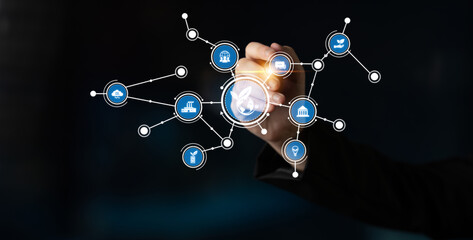 This image showcases a professional hand interacting with digital network symbols, illustrating the innovative connection of technology and communication in a modern office space. Tessel
