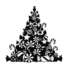 Naklejka premium Black and white Christmas tree shape made of assorted candies