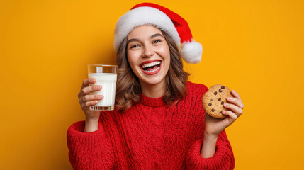 Happy young woman in a santa hat laughing with milk and a cookie. Cheerful girl celebrating christmas on a yellow background. Festive holiday portrait with copy space