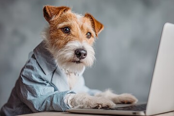 A dog working at a laptop, a desk. Against a simple, bright background. A real photo. In a business suit.