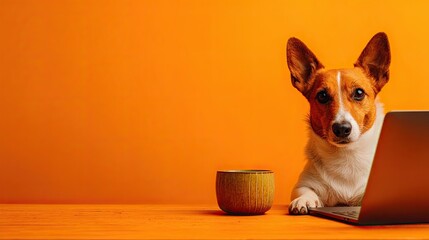 A dog works at a laptop, a desk. On a simple bright background. Real photo